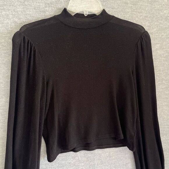 Reformation Jeans Mock Neck Knit Top Womens Small Crop Semi Sheer Bishop Sleeve - Picture 2 of 6